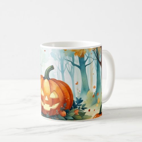 Orange Green Watercolor Autumn Pumpkins Forest  Coffee Mug