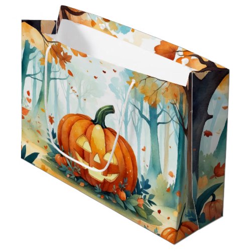 Orange Green Watercolor Autumn Pumpkins Forest  Large Gift Bag