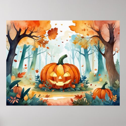 Orange Green Watercolor Autumn Pumpkins Forest    Poster