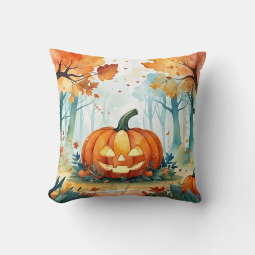 Orange Green Watercolor Autumn Pumpkins Forest  Throw Pillow