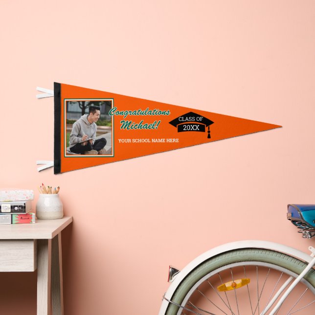 Orange Green White Black Congratulations Grad Pennant Flag (Front)