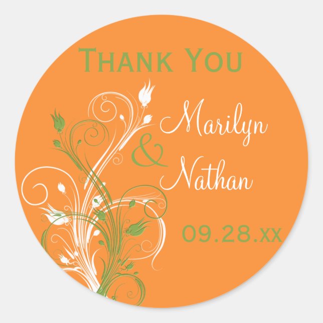 Orange Green White Floral 1.5" Wedding Sticker (Front)