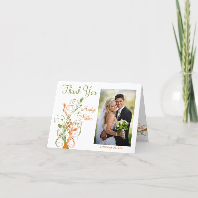 Orange Green White Floral Photo Thank You Card (Front)