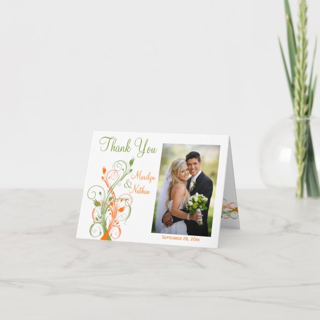 Orange Green White Floral Photo Thank You Card (Front)