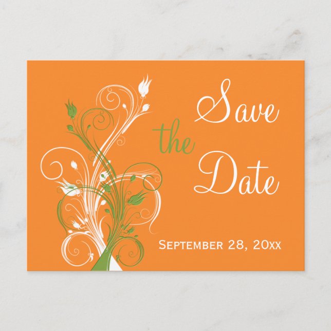 Orange Green White Floral Save the Date Post Card (Front)