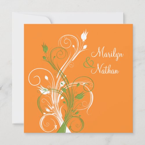 Orange Green White Floral Sq. Wedding Invitation