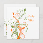 Orange Green White Floral Sq. Wedding Invitation (Front/Back)
