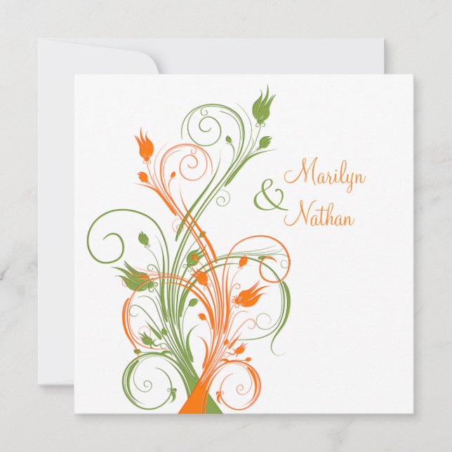 Orange Green White Floral Sq. Wedding Invitation (Front)