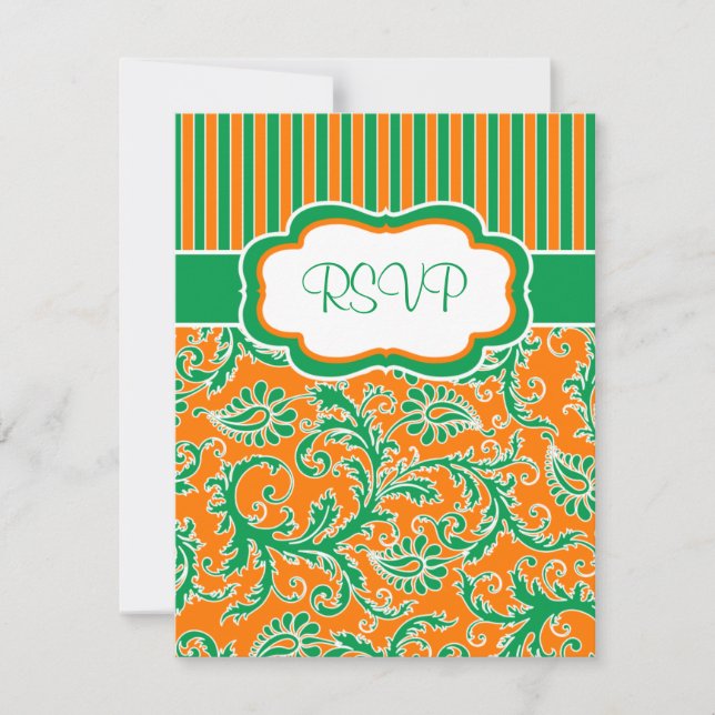 Orange, Green, White Floral Striped RSVP Card (Front)