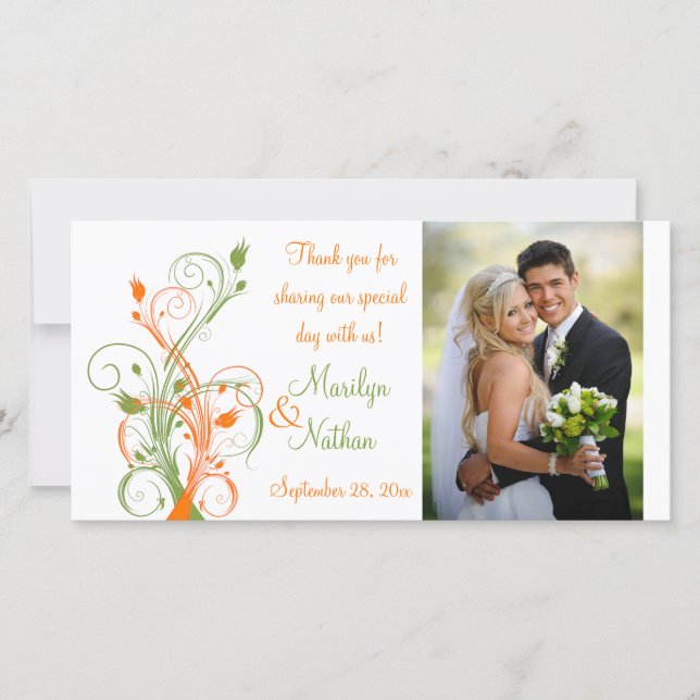 Orange, Green, White Floral Wedding Photo Card (Front)