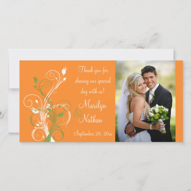 Orange, Green, White Floral Wedding Photo Card (Front)