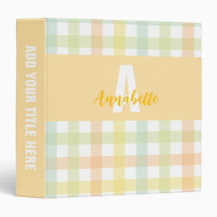 Orange Green Yellow Blue Gingham Pattern Monogram 3 Ring Binder