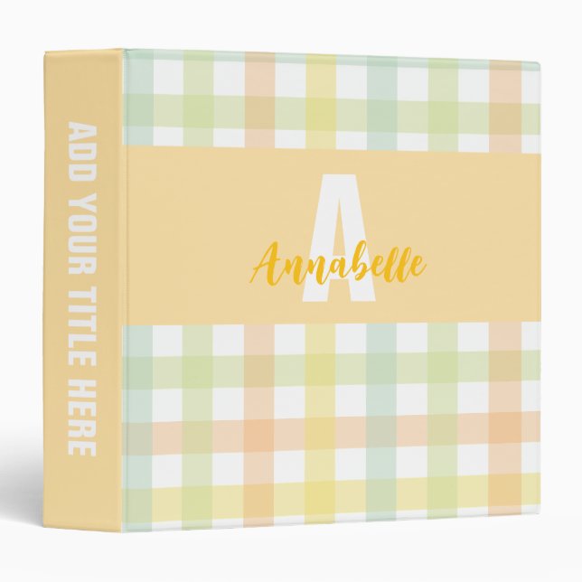 Orange Green Yellow Blue Gingham Pattern Monogram 3 Ring Binder (Front/Spine)