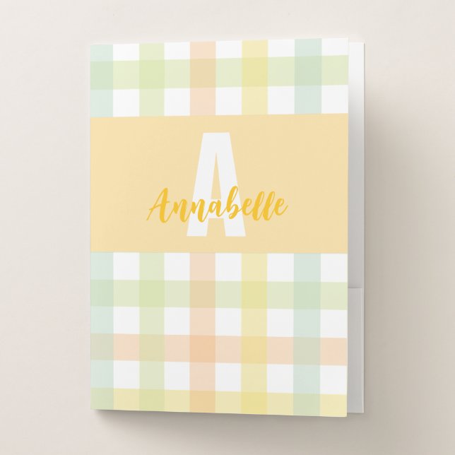 Orange Green Yellow Blue Gingham Pattern Monogram Pocket Folder (Front)