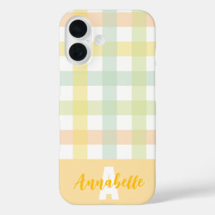 Orange Green Yellow Blue Pastel Gingham Monogram iPhone 16 Case
