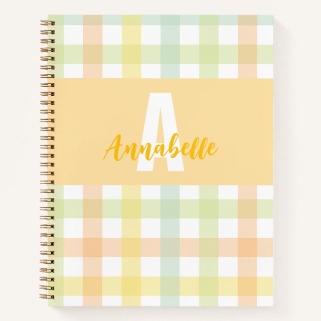 Orange Green Yellow Blue Pastel Monogram Gingham Notebook (Front)