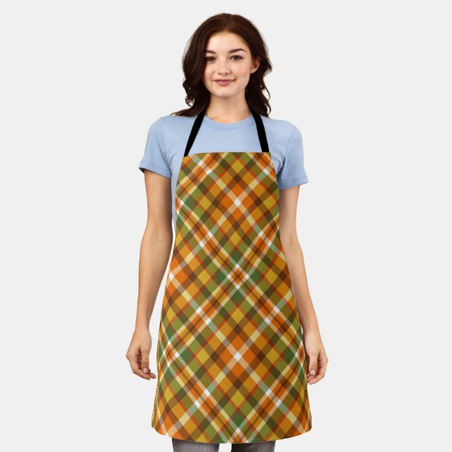 ORANGE GREEN YELLOW GOLD PLAID PATTERN APRON (Worn)