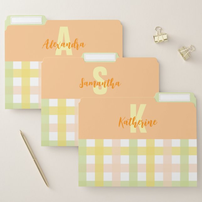 Orange Green Yellow Monogram Modern Gingham File Folder (Set)