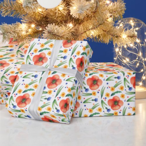 Orange green yellow spring floral pattern wrapping paper