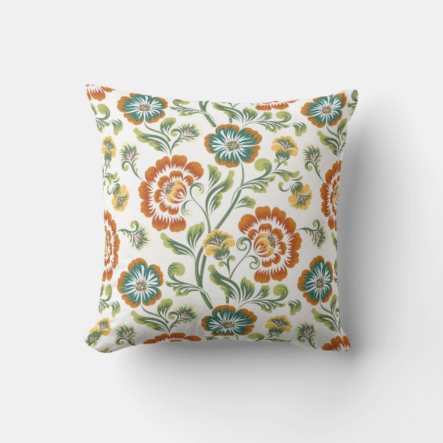 Orange Green Yellow White Floral Baroque Pattern Throw Pillow (Front)