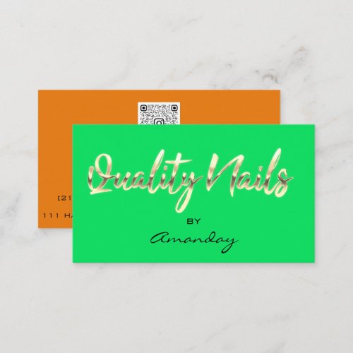 Orange GreenGold Quality Nail Script QRCode Logo   Business Card