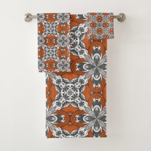 Orange Grey and White Repeat Tile Pattern Bath Towel Set