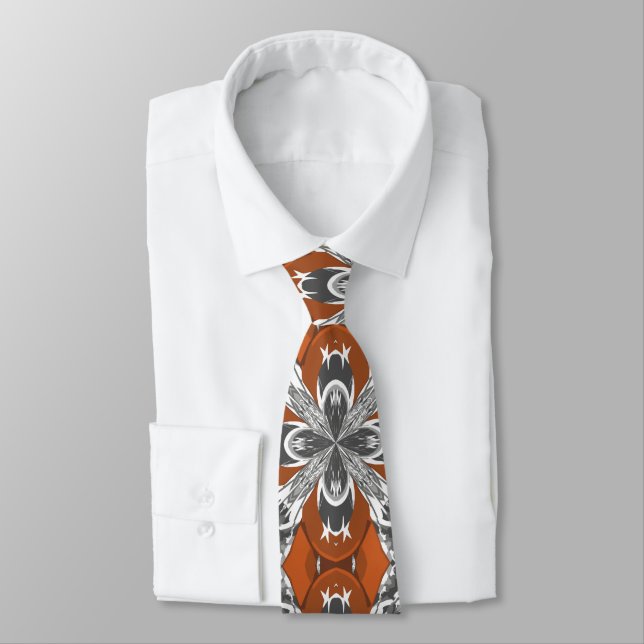 Orange Grey and White Repeat Tile Pattern Neck Tie (Tied)