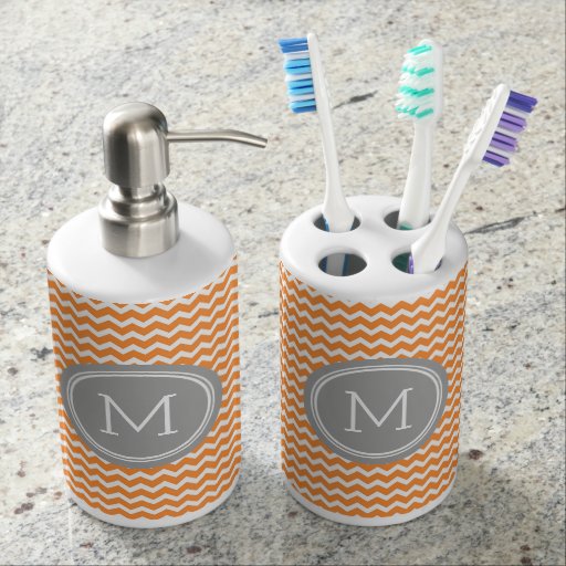 Orange Grey Chevron Pattern Soap Dispenser & Toothbrush Holder