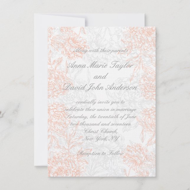 Orange Grey Floral Vintage Wedding Invitation (Front)