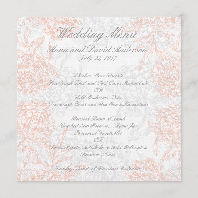 Orange Grey Floral Vintage Wedding Menu (Front)