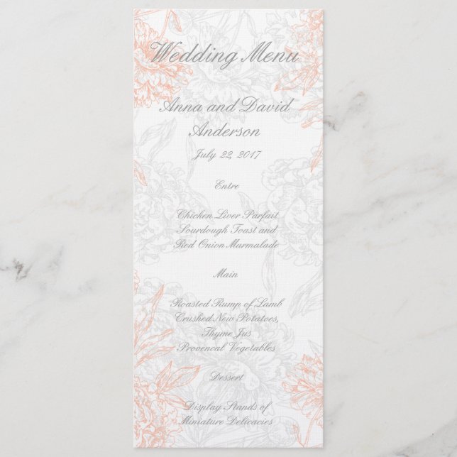 Orange Grey Floral Vintage Wedding Menu (Front)
