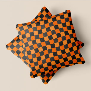 Orange & Grey Fun Retro Chic Checkered Squares Throw Pillow