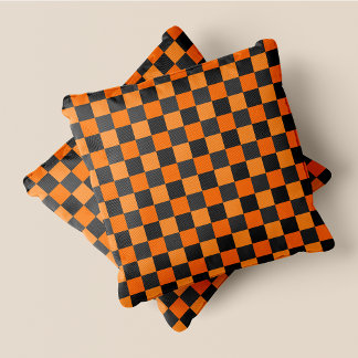 Orange & Grey Fun Retro Chic Checkered Squares Throw Pillow