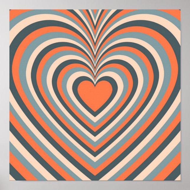 Orange Grey Hypnotic Heart Love Pattern Poster (Front)