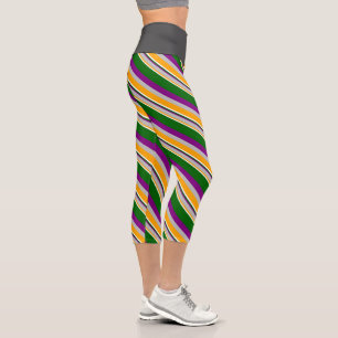 Orange, Grey, Purple, Dark Green & White Lines Capri Leggings