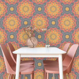 Orange & Grey Stylized Geometric Floral Mandala Wallpaper