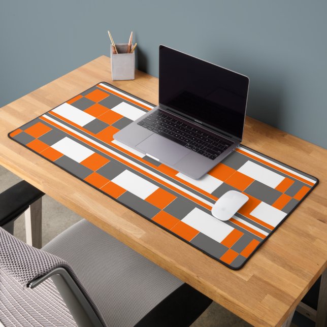 Orange Grey White Checkered Stripes  Desk Mat (Office 2)