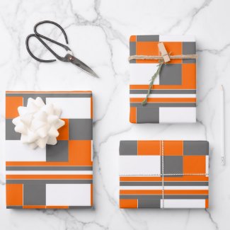 Orange Grey White Checks Stripes Geometric Pattern