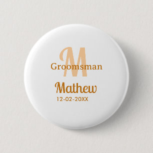 Orange groomsman name letter date masculine pastel button