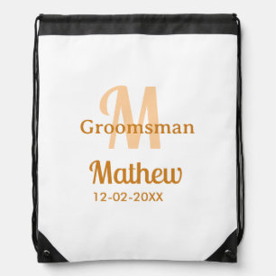 Orange groomsman name letter date masculine pastel drawstring bag