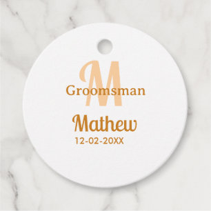 Orange groomsman name letter date masculine pastel favor tags
