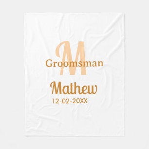 Orange groomsman name letter date masculine pastel fleece blanket