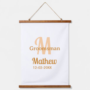 Orange groomsman name letter date masculine pastel hanging tapestry