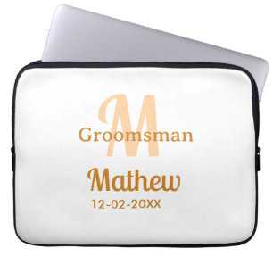 Orange groomsman name letter date masculine pastel laptop sleeve