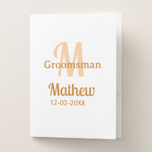 Orange groomsman name letter date masculine pastel pocket folder