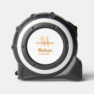 Orange groomsman name letter date masculine pastel tape measure