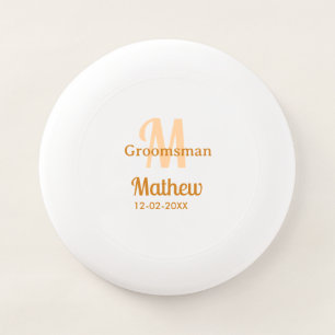 Orange groomsman name letter date masculine pastel Wham-O frisbee