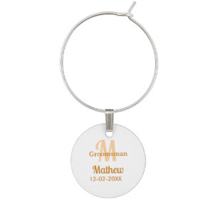 Orange groomsman name letter date masculine pastel wine charm