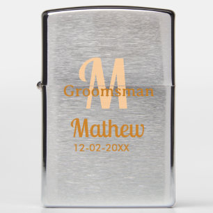 Orange groomsman name letter date masculine pastel zippo lighter