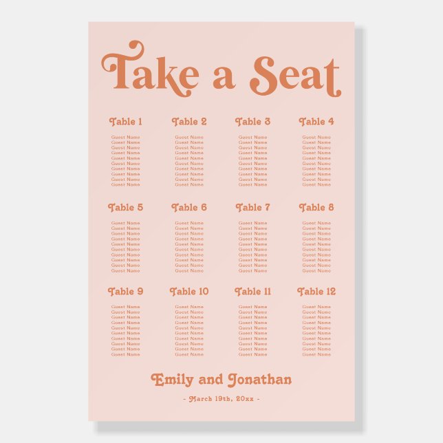 Orange Groovy Boho Disco Wedding Seating Chart Foam Board (Front)